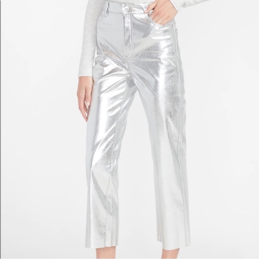 EXPRESS Faux Leather Silver Metallic Super High Rise Straight Leg Pants